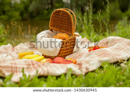 Croissant basket and fruit picnic outdoors in the park