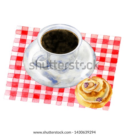 A cup of black coffee with raisin bun on tablecloth. Traditional morning beverage. Hand drawn watercolor illustration on white. Elements for label, logo, menu design. Caffeine drink for coffee break.