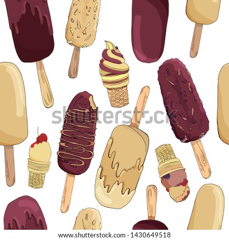Vector seamless pattern. Endless textures with hand drawn chocolate ice cream. Vector elements in dark chocolate beige creamy colors isolated on a white background. Summer decoration.