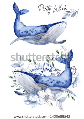 Watercolor hand draw illustration with pretty whale and lowers, isolated on white background