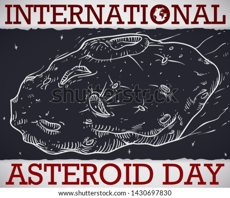 Planetoid in hand drawn style over ragged dark paper, crossing the space and atmosphere like meteor during International Asteroid Day celebration.