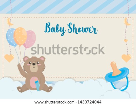 card of cute bear with feeding bottle and balloons