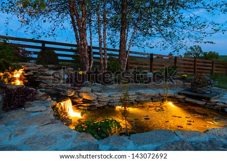 Decorative pond at night