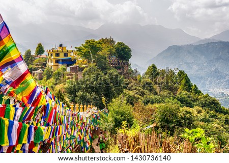 View at the Thrangu Tashi Yangtse Monastery complex called Namo Buddha monastery in Nepal. Build at the place where the prince gave his body to hungry tiger. Royalty-Free Stock Photo #1430736140