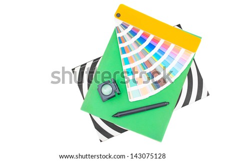 Graphic design, printing, advertising concept Printed material, digitizer pen, magnifier,pantone palette isolated on white