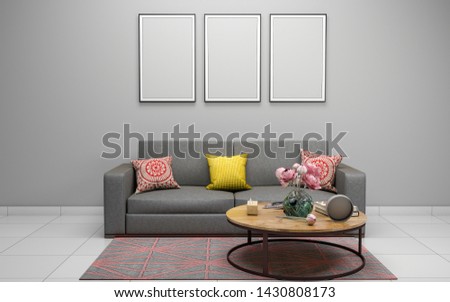 3D Realistic Mock up of living room Interior Sofa, table and chair 