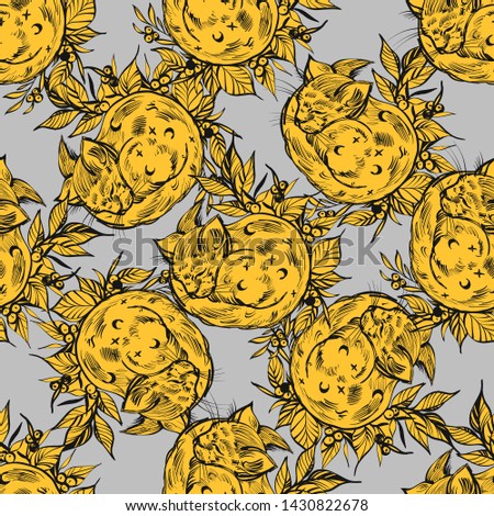 Vector seamless pattern with cats and leaves. Trendy style. Vector.