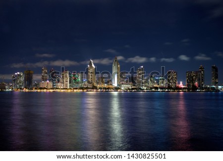 San Diego, CA Skyline. Taken from the famous island of Coronado, CA. Few scattered clouds casted across the city. 