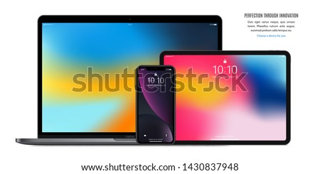 smartphone, tablet and laptop set black color with colorful screen saver isolated on white background. realistic and detailed devices mockup. stock vector illustration Royalty-Free Stock Photo #1430837948