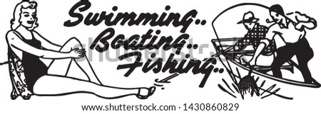 Swimming Boating Fishing - Retro Ad Art Banner