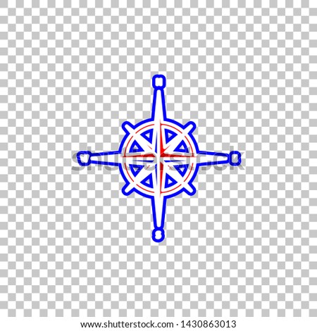 Wind rose sign. Red, white and contour icon at transparent background. Illustration.