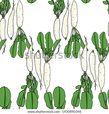 Vector seamless pattern with hand drawn raw White Icicle radish. Beautiful food design elements, ink drawing. Perfect for prints and patterns Royalty-Free Stock Photo #1430890346