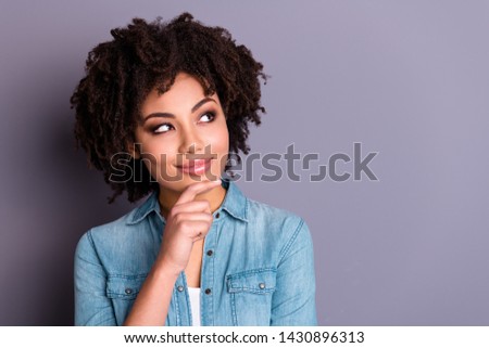 Close up photo of cute lovely charming millennial thoughts touch chin fingers hand palm look solve choose decide wear denim clothes isolated grey background