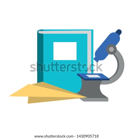 Back to school education book and paperplane with microscope cartoons vector illustration graphic design