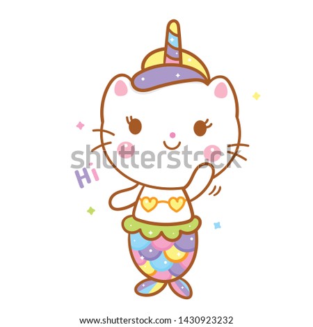 Animals cartoon cat mermaid in unicorn vector kawaii style with pastel color, hi posture (illustrator): Nursery decoration, Fairly tales character- card, inspiration poster and Print for t-shirt. 