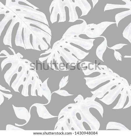 Seamless pattern with tropical leaves. Fashion vintage Hawaiian backdrop.  Hand drawn botanical summer illustration. Watercolor monstera leaves on gray background. Jungle tropical monochrome print. 