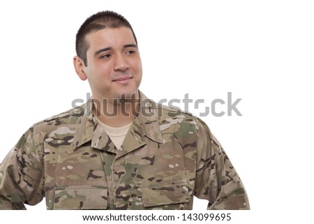 Smiling military soldier looking away 