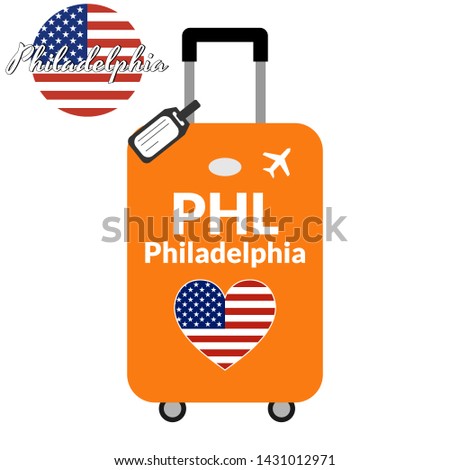 Luggage with airport station code IATA or location identifier and destination city name Philadelphia, PHL. Travel to the United States of America concept. Heart shaped flag of the USA on baggage