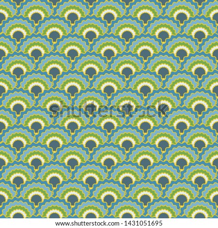 Fantasy mermaid scales squama background, vector seamless fabric pattern, tiled textile print. Vintage chinese squama scales seamless arc tiles ornament. Siren skin pattern.
