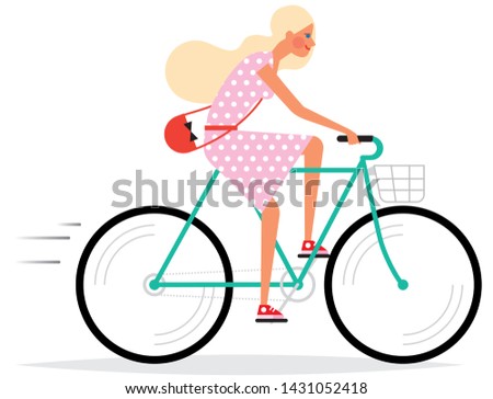 Beautiful young woman riding a bike. Vector illustration