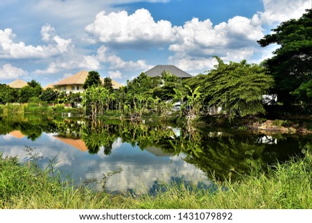 tropical garden home on river bank under blue sky white clouds