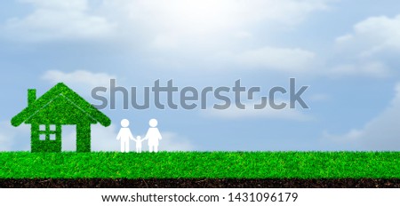 family and grass home icon from sky background.Family and finance to buy housing