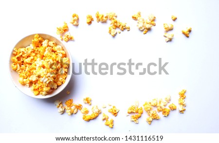 top view  Heap popcorn caramel In glass bowl