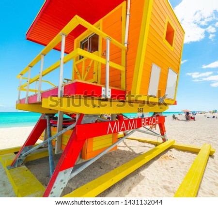 Colorful lifeguard hut in world famous Miami Beach. Southern Florida, USA