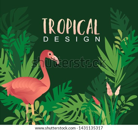 Tropical design border frame template with turquoise green jungle palm tree monstera leaves and pink flamingo birds couple. Text placeholder. Vector design illustration.