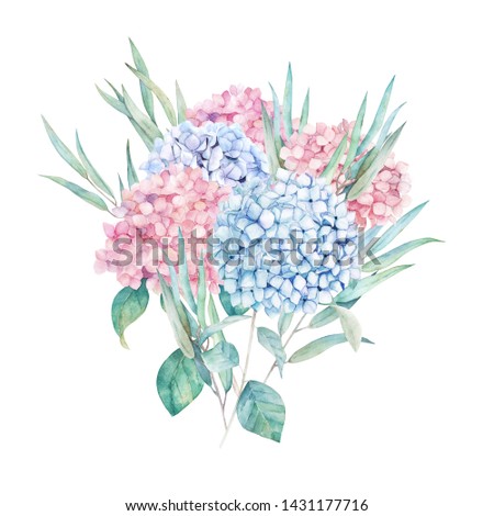 Watercolor greenery set. Hand drawn winter illustration with eucalyptus branch, leaves and hydrangea. Vintage botanical plant 