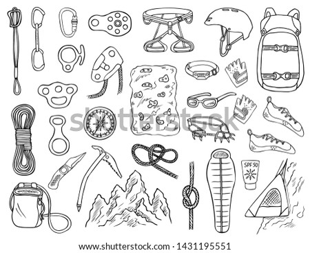 Set of hand-drawn climbing icons isolated on white background. Doodle black and white vector illustration of equipment, tools and accessories for alpinism and mountaineering