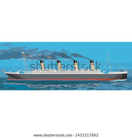 Titanic, vintage steam ship illustration with black smoke pouring out it's stacks as it chugs across the sea.