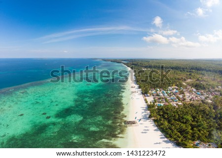 Aerial view tropical beach island reef caribbean sea. Indonesia Moluccas archipelago, Kei Islands, Banda Sea. Top travel destination, best diving snorkeling, stunning panorama.