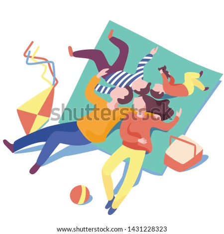 Family at picnic in the park. People, parents and children are lying on a blanket. Familys weekend outdoors holiday. Next kite and ball. Vector illustration