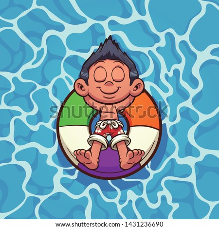 Cartoon boy floating on a lifesaver clip art. Vector illustration with simple gradients. Some elements on separate layers. 
