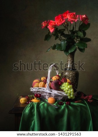 Still life with roses and fruits