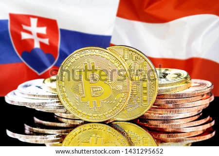 Concept for investors in cryptocurrency and Blockchain technology in the Slovakia and Austria. Bitcoins on the background of the flag Slovakia and Austria.