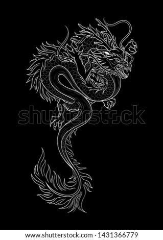 Vector Black and White Tattoo Dragon Illustration. Traditional Asian Dragon. Hand drawn Silhouette. Graphic sketch for tattoo, poster, clothes, t-shirt design, pins, badges, stickers and coloring book