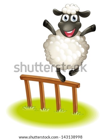 Illustration of a sheep standing above the wooden fence on a white background