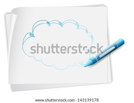 Illustration of a paper with a sketch of a callout and a blue crayon on a white background