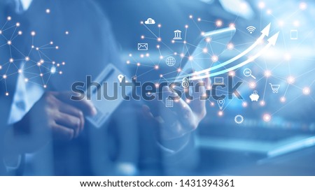 
Mobile banking network, online payment, digital marketing. Business people using mobile phone with credit card and icon network connection on dark blue virtual screen background, business technology Royalty-Free Stock Photo #1431394361