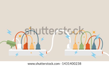 Electric circuit overload and power strip safety, short circuit from full plug in 5-outlet power strip. Dangerous from short circuit peripheral. Royalty-Free Stock Photo #1431400238
