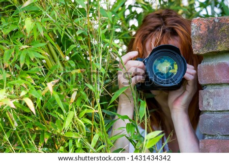A curious woman is standing in a garden between plants and secretly observes. She takes a picture with a camera. Concept curious neighbors.
