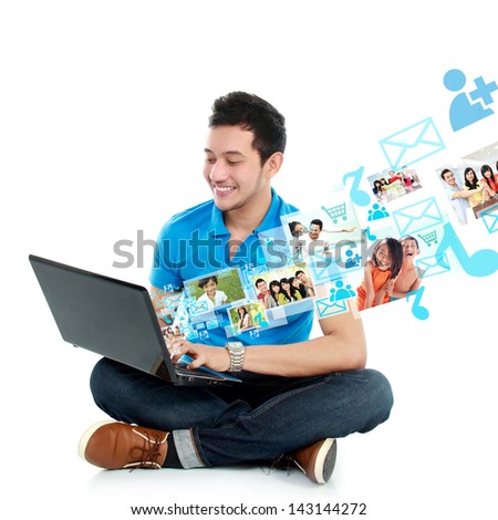 portrait of young asian man study using laptop isolated over white background