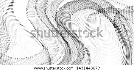 Abstract monochrome halftone geometric pattern. Soft curves. Stains and splashes. Half tone panoramic vector illustration with dots. Modern polka dotted background. Template for design, web banners