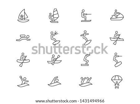 Editable stroke. Water sports thin line vector icon set. Surfing, kayaking, canoeing, parasailing, sailing, scuba diving and other summer beach activities