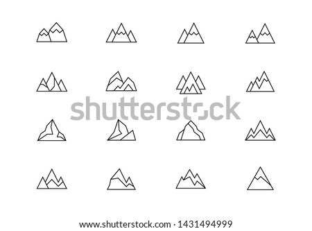 Editable stroke. Mountains thin line vector icon set. Rock shapes abstract emblems