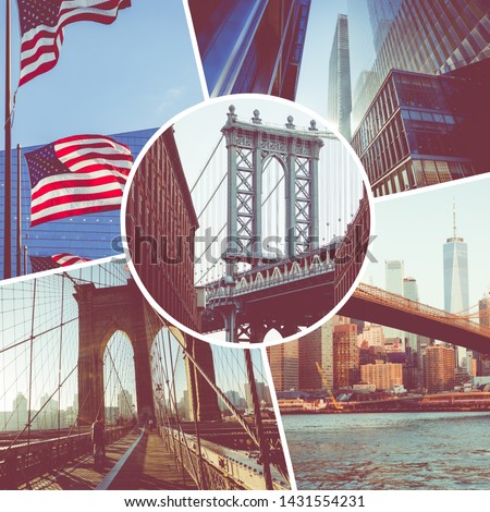 Collage of popular tourist destinations in New York. USA. Travel background.