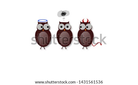confused owl with angel and demon