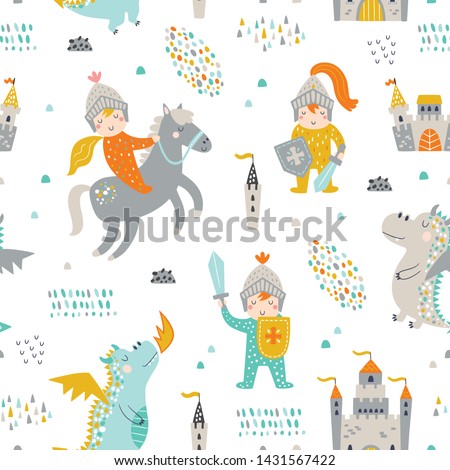Childish seamless pattern with knight, dragon and castle
